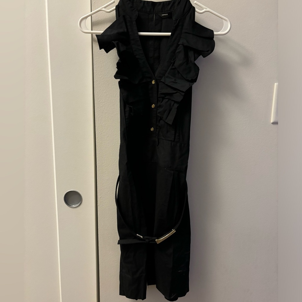 Black Belted Dress with Sleeveless Ruffle